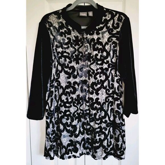 Chico's Travelers 1 Black Velour‎ & Lace Burnout Shirt Front Button Silk Blend - Picture 1 of 6